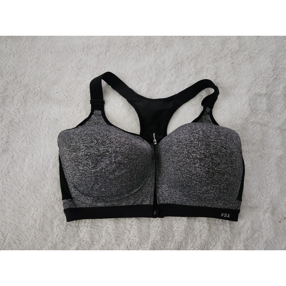 Victoria's Secret VSX Knockout Front Zip Sports Bra Gray Black Marled 38DDD High